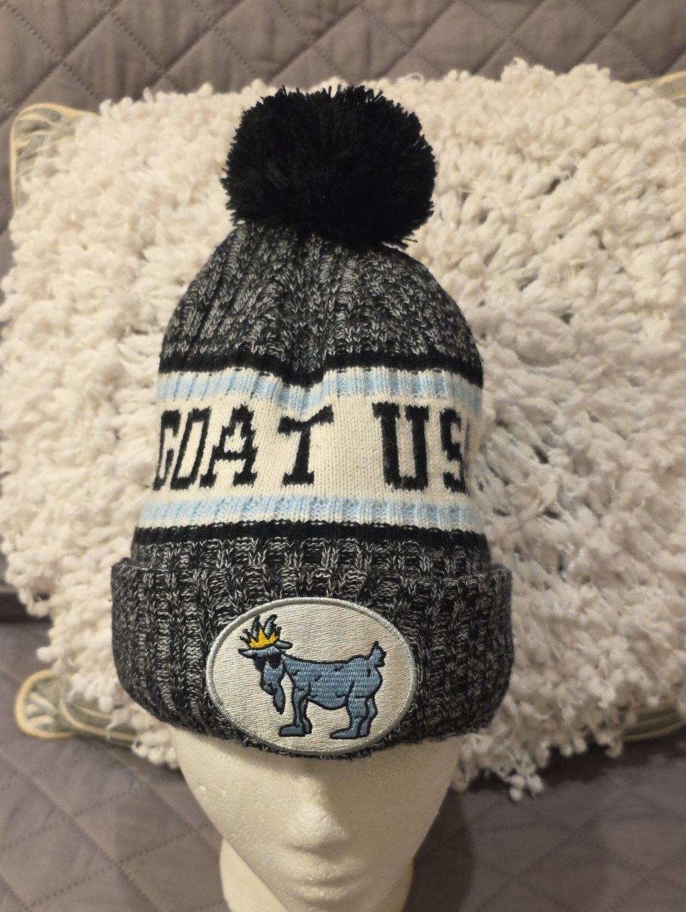 Goat USA Knit Winter Hat Embroidered Logo Pom Pom Fleece Lined